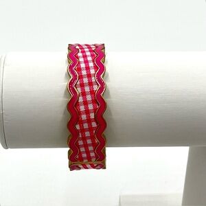 Annalise Gold Tone Fuscia Gingham Statement Hinged Bangle Bracelet